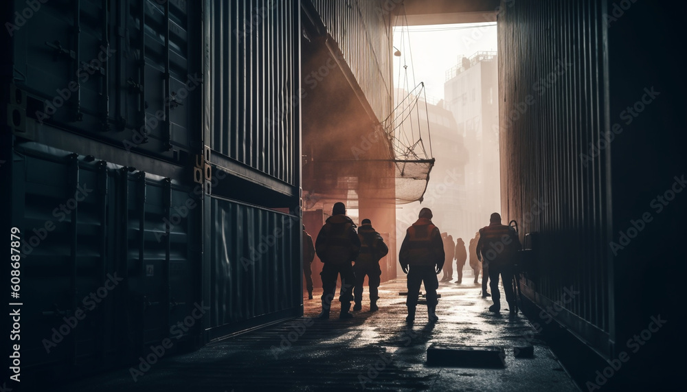 A group of tourists walking through the illuminated cityscape at dusk generated by AI