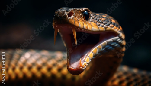 Furious viper forked tongue strikes fear in forest portrait generated by AI photo