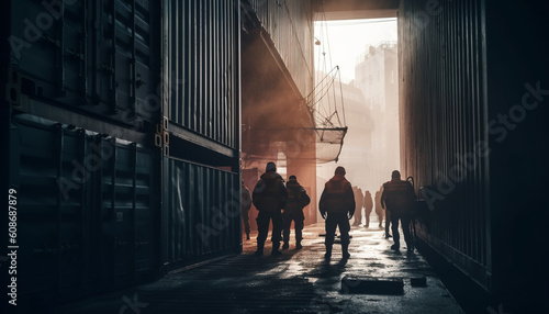 A group of tourists walking through the illuminated cityscape at dusk generated by AI