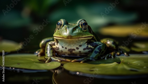 Green bullfrog sitting on wet leaf, looking at camera outdoors generated by AI © djvstock