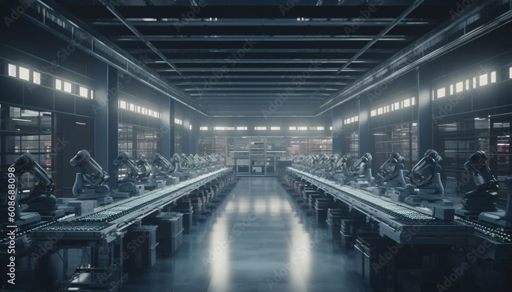 Futuristic robotic factory with automated machinery in a clean environment generated by AI Futuristic robotic factory with automated machinery in a clean environment generated by AI