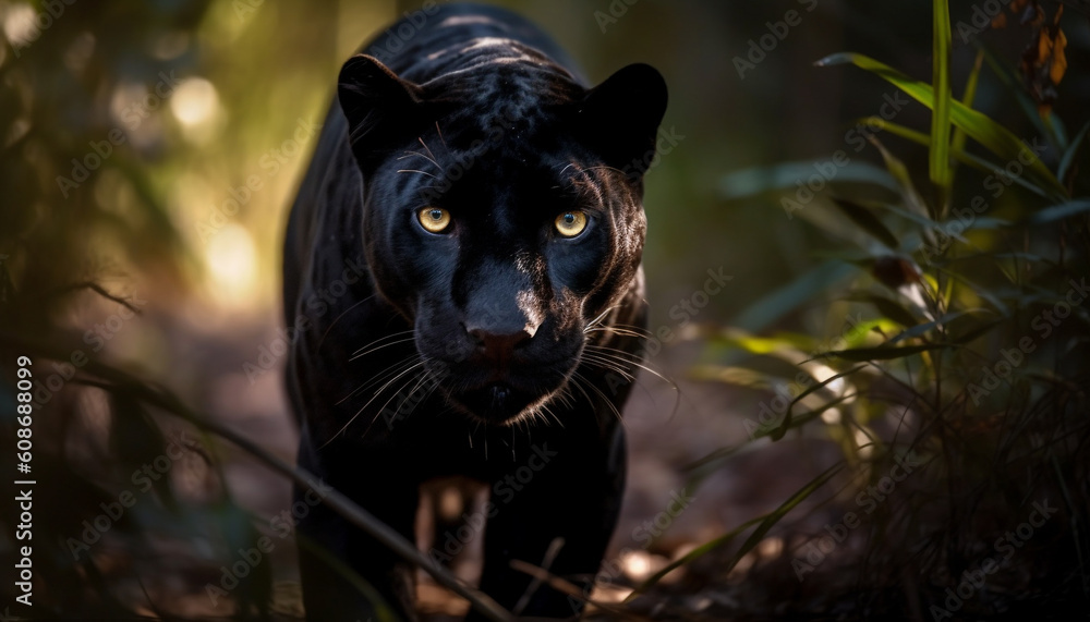 The endangered black feline stares, walking through the tropical rainforest generated by AI