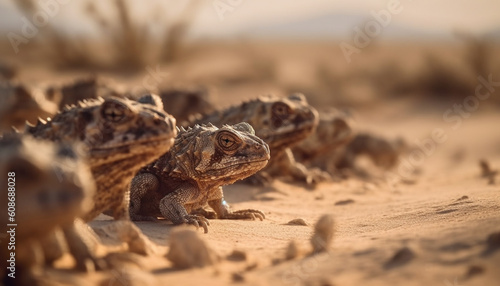 Endangered lizard crawls on sand in African wildlife reserve generated by AI