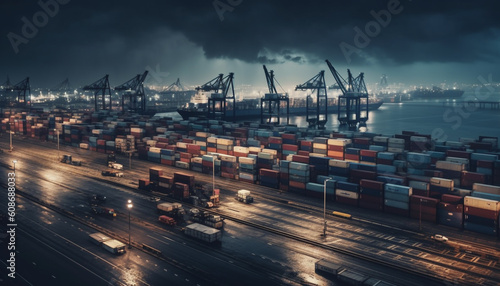 Container ship delivering cargo at dusk to global business industry generated by AI