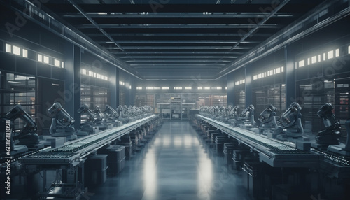 Futuristic robotic factory with automated machinery in a clean environment generated by AI
