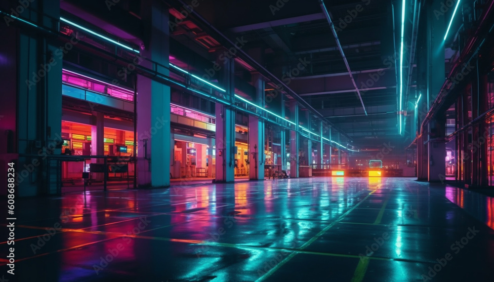 The futuristic cityscape empty corridor vanishes into the dim dusk generated by AI