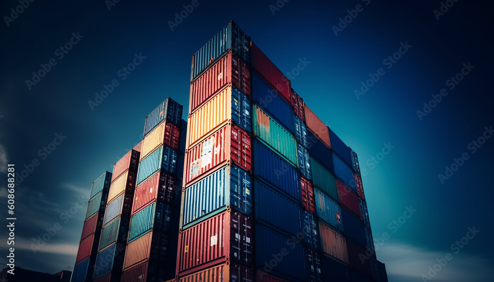 Fototapeta premium Multi colored cargo containers stack on illuminated commercial dock at dusk generated by AI