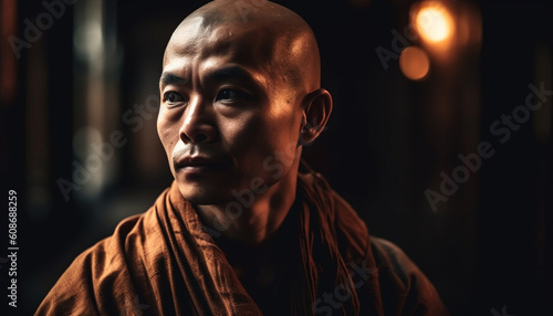 One serious man, a monk, meditating outdoors in contemplation generated by AI
