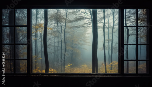 Spooky October day  mystery in the forest  tranquil beauty outdoors generated by AI