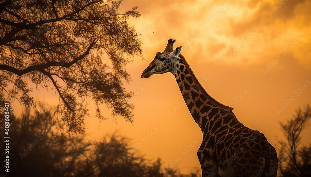 Silhouette of a large giraffe standing in the African sunset generated by AI