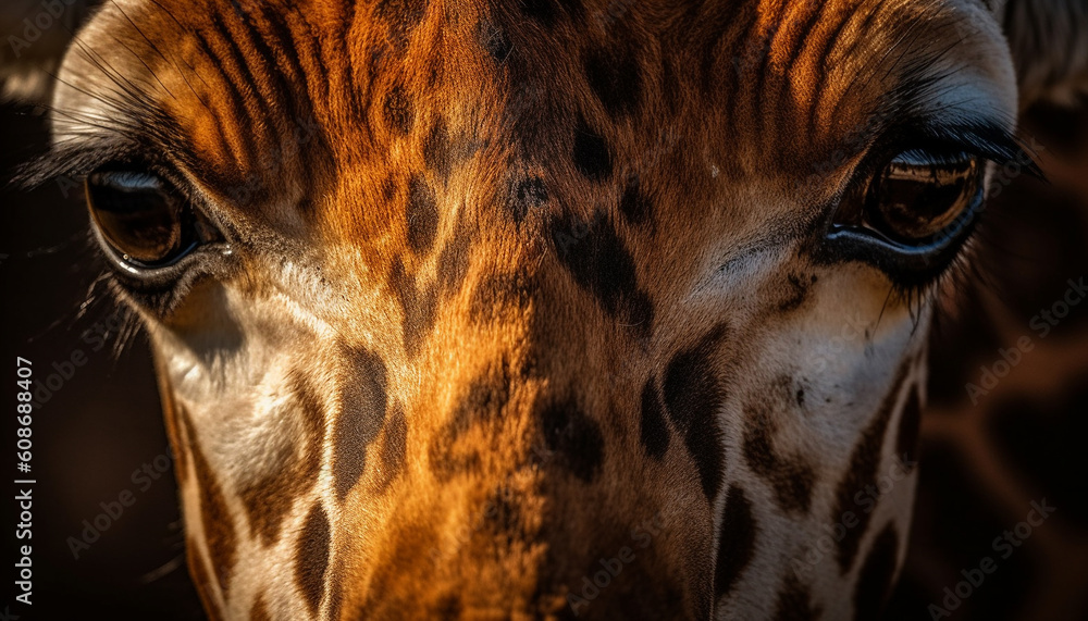 Naklejka premium Endangered giraffe grazes on savannah, striped coat catches eye generated by AI