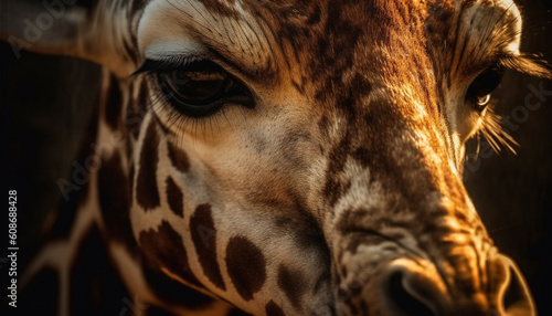The spotted giraffe beauty in nature, close up portrait, looking ahead generated by AI
