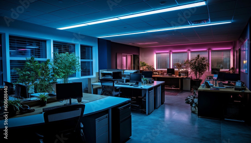 Modern office design with blue lighting equipment and computer monitor generated by AI