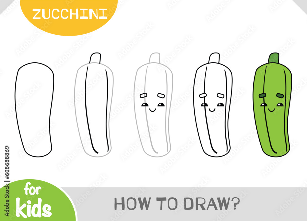 How to draw cartoon Zucchini vegetable. Educational step by step drawing tutorial for children
