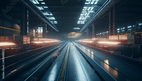 Futuristic subway station illuminates city life with modern metal design generated by AI