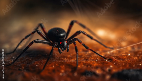 Spooky arachnid crawls on leaf, dangerous black spider in focus generated by AI