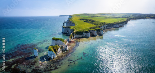 Panoramic aerial view of the Old Harry Rocks headland, Studland, Dorset, England, during a sunny spring day photo