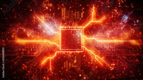 Angry 3D computer processor on high tech looking digital circuit board with spark effects. Sized for widescreens. © DigiArtStudio