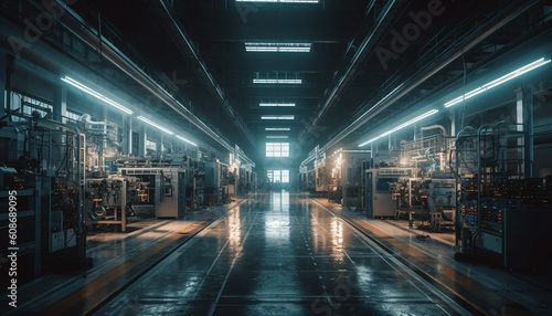 Inside the futuristic factory, machinery illuminates the steel pipeline reflection generated by AI