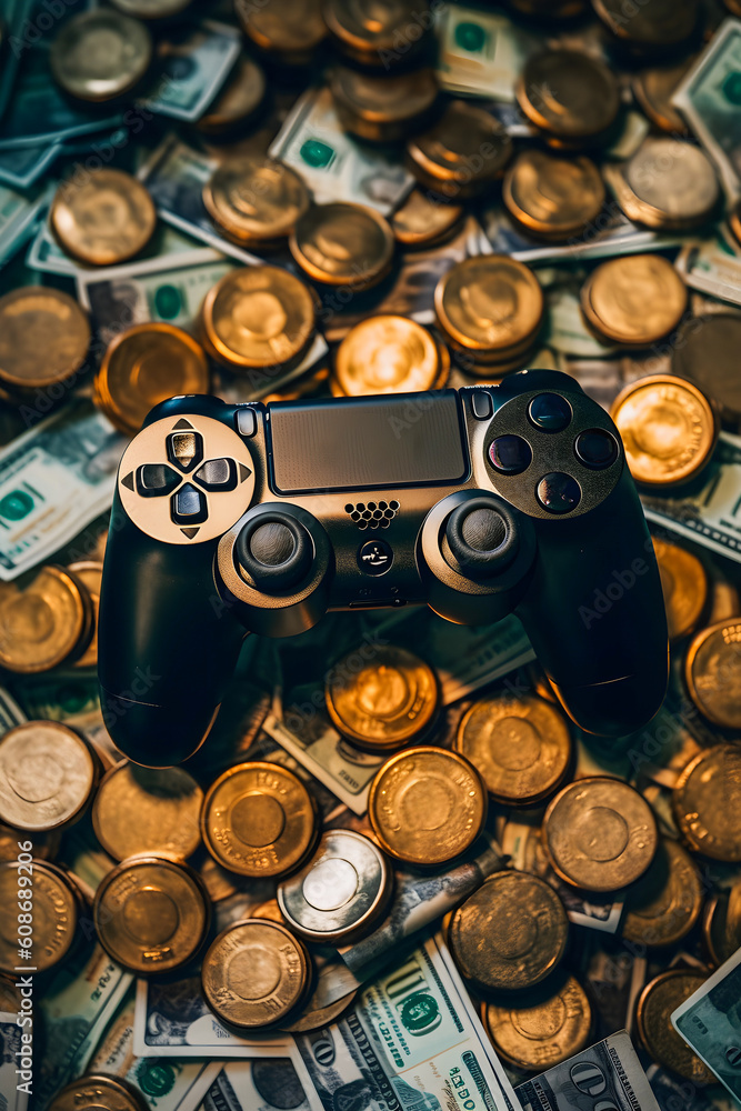 Video Game Industry Wealth: Gamepads Surrounded by Money and Success Video Game Industry Wealth: Gamepads Surrounded by Money and Success