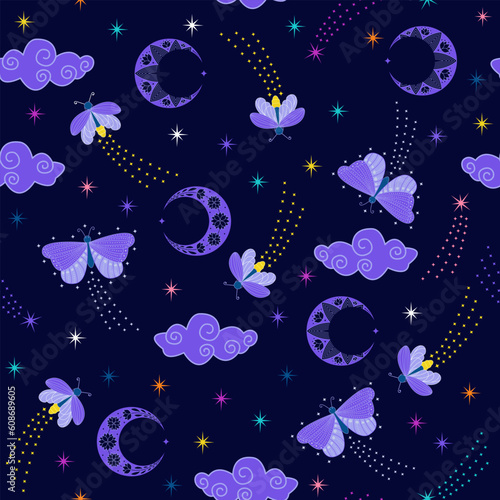 starry night sky seamless pattern. blue moon, cloud, butterfly and firefly seamless pattern. twinkle little stars. good for fabric, bedding, fashion design, pajama, textile, wallpaper, background.