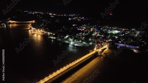 night Ariel view of Rishikesh ganga ghat Ram jula