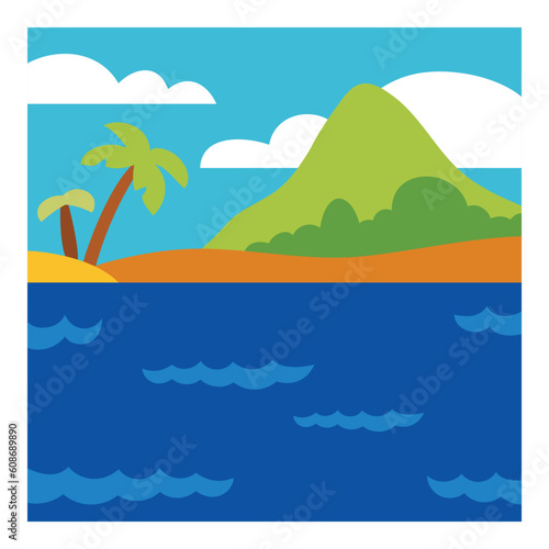 Seaside background. Cartoon beach with mountain and palm trees. Coast landscape. Tropical island life. photo