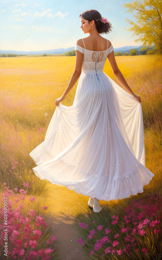 Woman in a blooming summer meadow.Long white summer dress.Digital creative designer art drawing.AI illustration