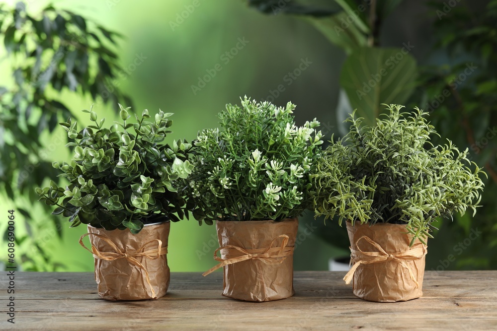 Different artificial potted herbs on wooden table outdoors