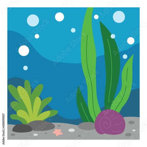 Underwater sea background. Cartoon ocean floor with seaweeds and shells. Sea bottom landscape