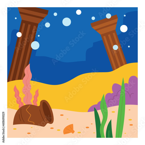 Under the sea background. Cartoon ocean floor with seaweeds and shells. Sea bottom landscape of antique underwater city