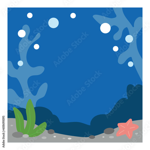 Underwater sea background. Cartoon ocean floor with seaweeds and coral. Sea bottom landscape