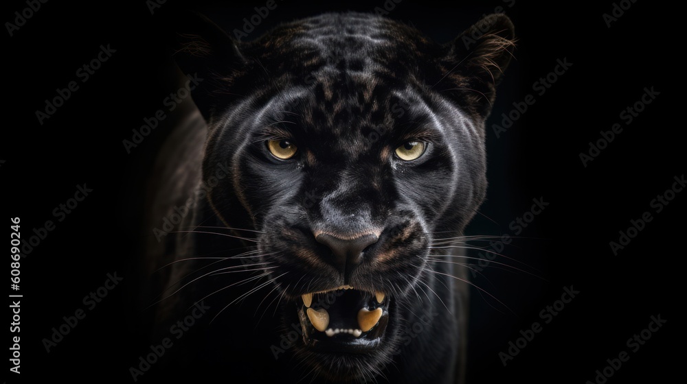 Front view of a panther on a black background. Wild animals banner. Generated using Generative AI.