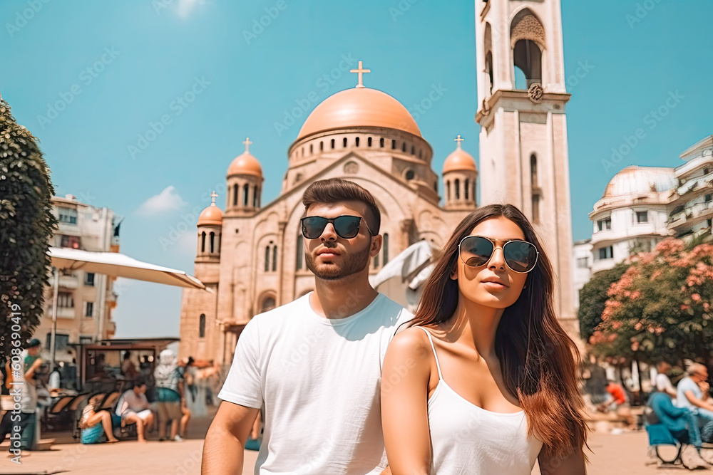 Fototapeta premium Tourist couple visiting Beirut, generative ai