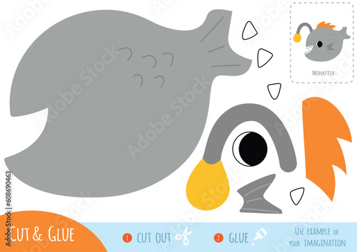 Educational paper game for kids. Use scissors and glue to make a cute cartoon monkfish from the colored pieces.