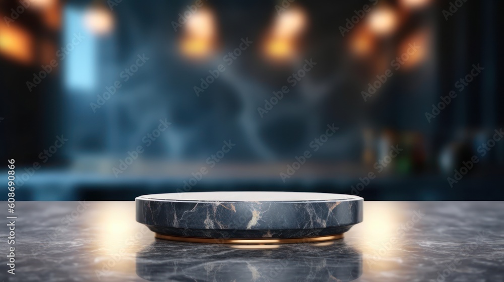 Fototapeta premium Modern empty dark marble table top or kitchen island on a blurred background. Generated using Generative AI.