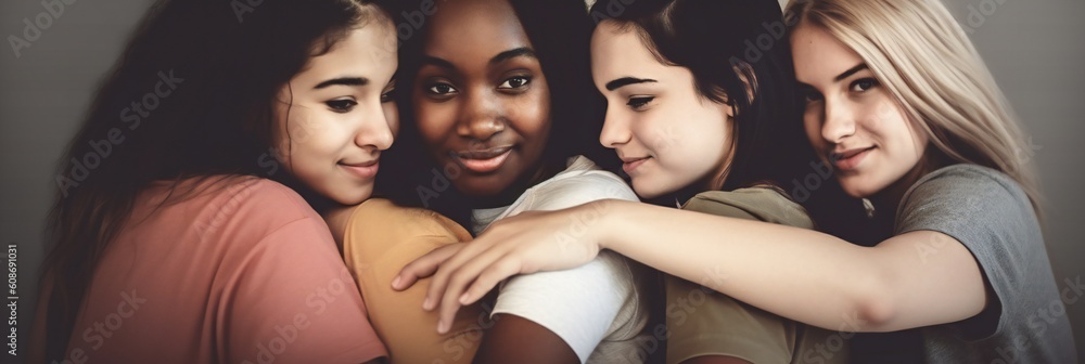 Happy friends from different races and culture laughing in front of phone camera. Students. Banner. generative ai Happy friends from different races and culture laughing in front of phone camera. Students. Banner. generative ai