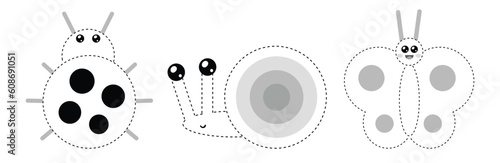 Connect the dots, educational game for children. Set of cute cartoon insects