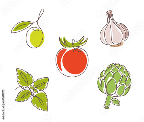 Set of Italian cuisine ingredients - tomato, basil, olive, garlic and artichoke. One continuous line drawing art. Vector illustration isolated on white background. Perfect for logo, icon and so on