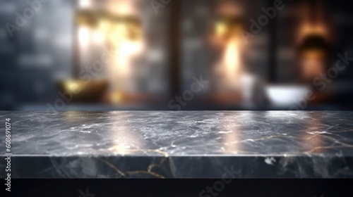 Modern empty dark marble table top or kitchen island on a blurred background. Generated using Generative AI.