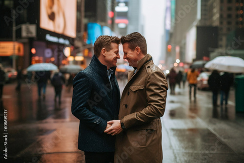 Gay couple in public created with Generative AI technology