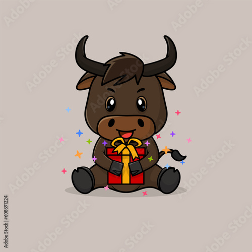 Vector cute baby bull cartoon happy holding gift flat icon illustration. Flat bear vector illustration  flat icon sticker isolated.