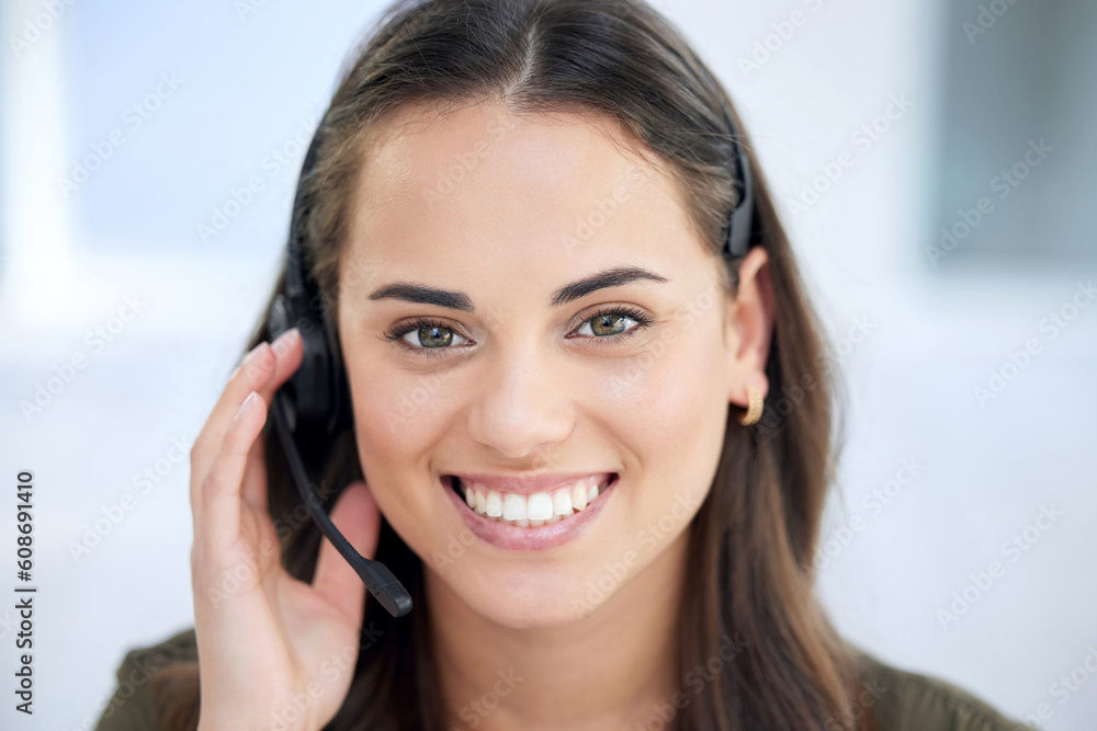 Happy woman in portrait, call center and contact us with communication and CRM with tech support. Customer service, help desk and telemarketing with female consultant and smile on face with telecom Happy woman in portrait, call center and contact us with communication and CRM with tech support. Customer service, help desk and telemarketing with female consultant and smile on face with telecom