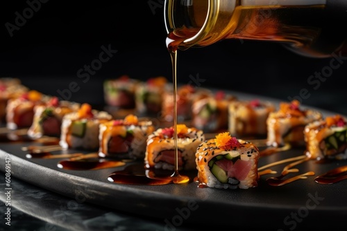 Tamari sauce being poured on sushi rolls on a black stone plate