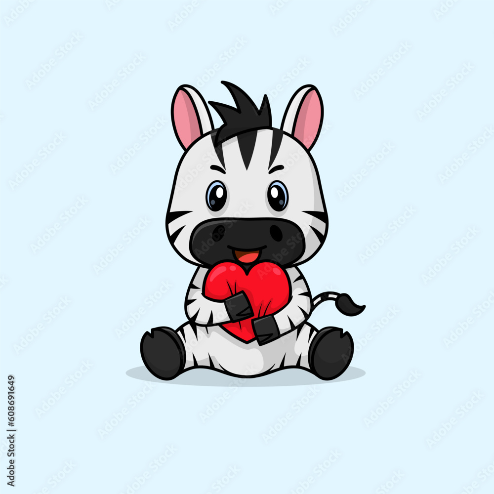 Vector cute baby zebra cartoon happy holding gift flat icon illustration. Flat bear vector illustration, flat icon sticker isolated.