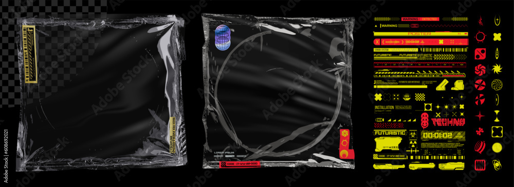 Premium Vector  Realistic plastic wrap overlay for album cover art design  with collection of fully editable stickers