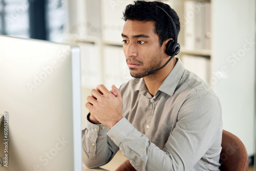 Принти на полотні Man at computer, call center and headset with contact us, communication and CRM with tech support