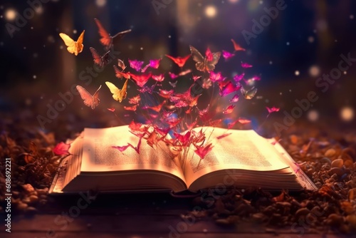 Open magic book with growing lights, magic powder, and butterflies. Generative AI