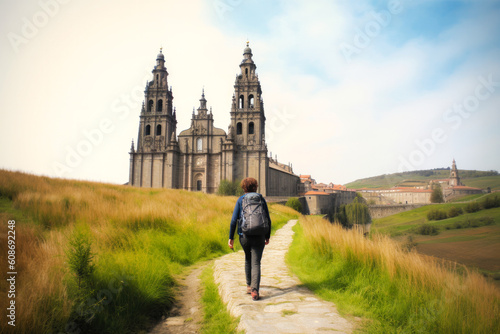 El camino de Santiago, Way of St. James. Tourist and Pilgrim Destination. Generative AI