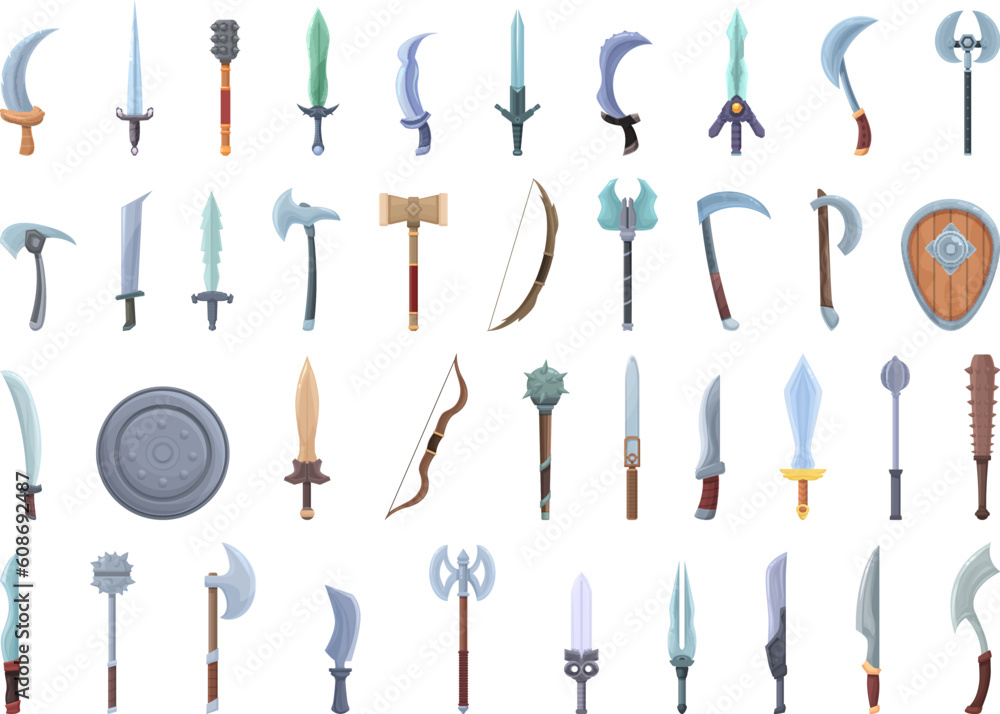 Game weapon icons set cartoon vector. Shield warrior. Chest weapon - obrazy, fototapety, plakaty 